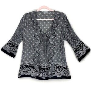 Sheer Gray Black Peasant Blouse Women’s SZ LG  Ruffles Petit Floral Boho Hippie